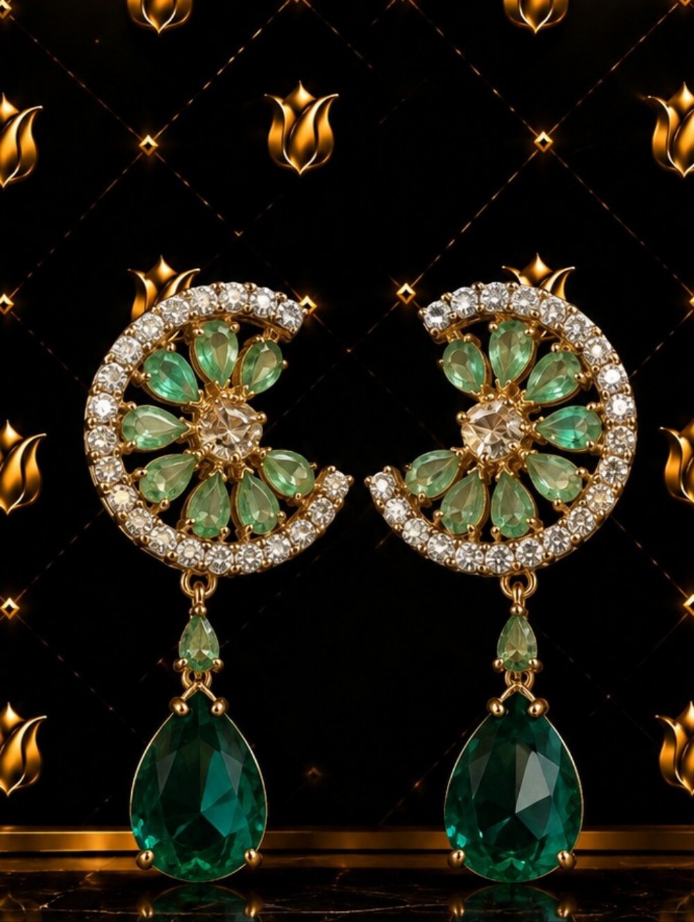 Gold-tone Earrings with Green Crystal Teardrops - Elegant Women's Jewelry